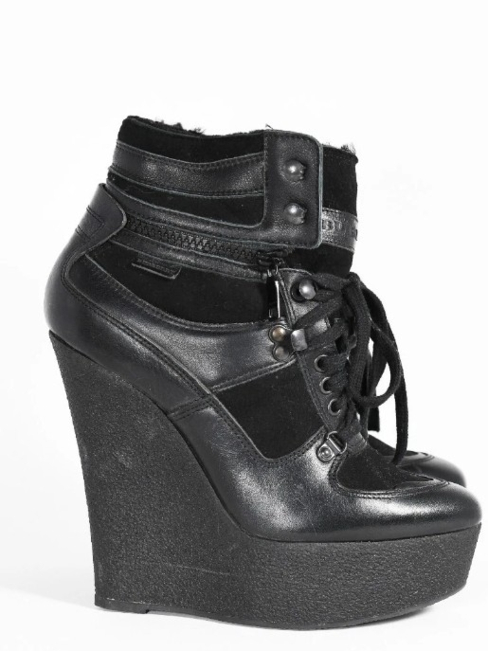 Burberrys Black Wedge Ankle Boots — Women's Lace-Up Platform Bootie 40